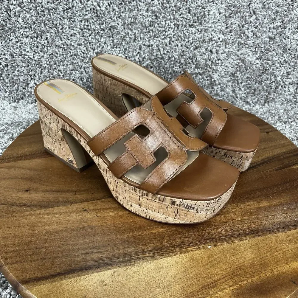 Sam Edelman Dev Square Toe Women's 10.5M Embellished Logo Strap Platform Saddle